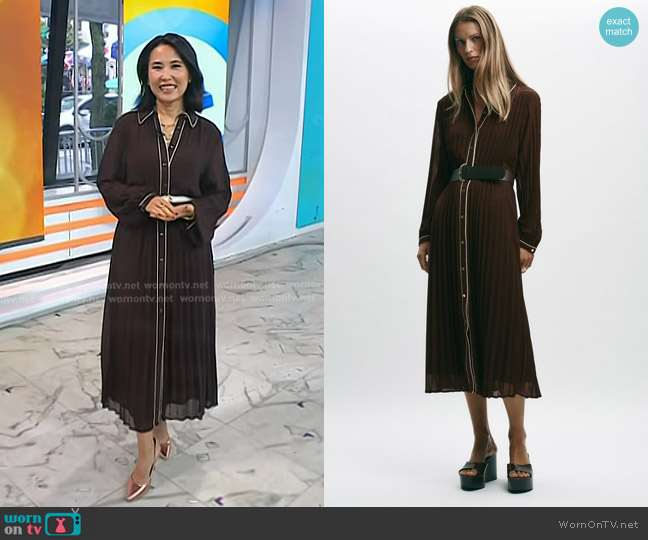 Zara Belted Pleated Midi Dress in Brown worn by Vicky Nguyen on Today