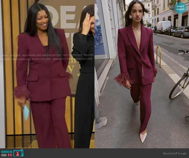 Zara Feather Cuff Blazer in Burgundy worn by Garcelle Beauvais on Good Morning America