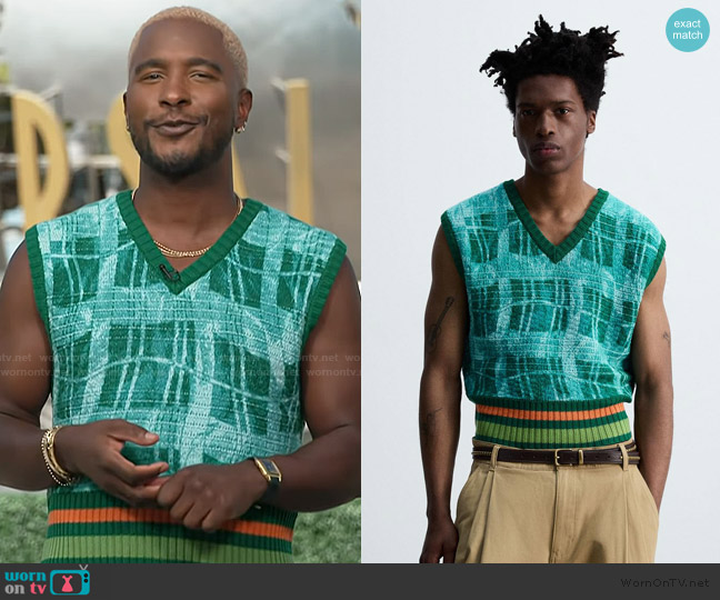 Zara Graphic Print Knit Vest worn by Scott Evans on Access Hollywood