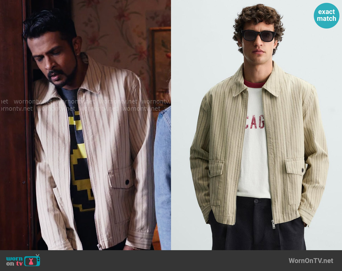 Zara Herringbone Stripe Overshirt worn by Jay (Utkarsh Ambudkar) on Ghosts