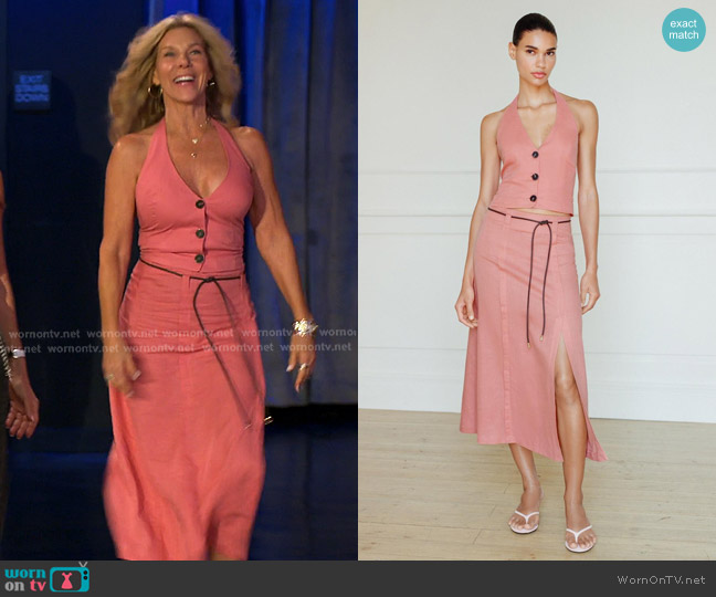 Zara Linen Belted Midi Skirt in Marsala worn by Peg Munson on The Golden Bachelor