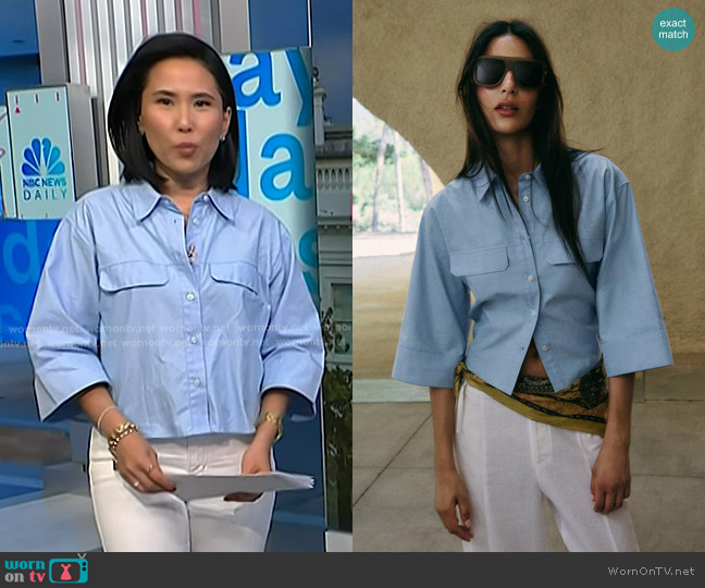 Zara Short Oxford Shirt in Light Blue worn by Vicky Nguyen on NBC News Daily
