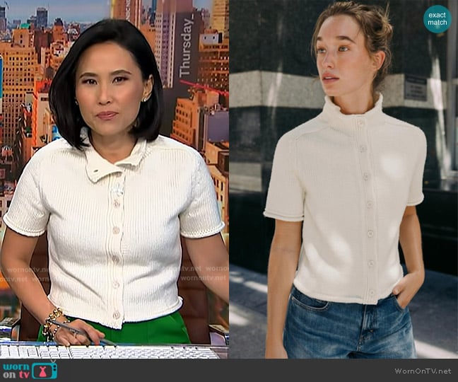 Zara Short Sleeve Cardigan in Ecru worn by Vicky Nguyen on NBC News Daily