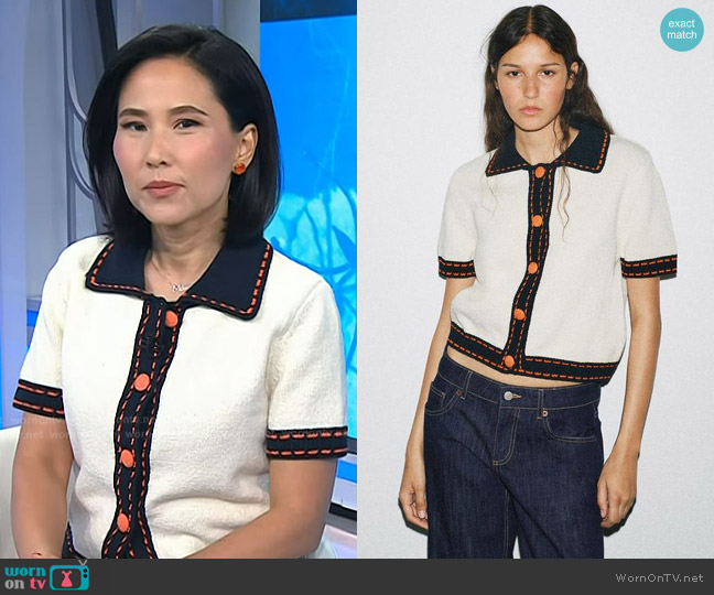 Zara Short Sleeve Stitched Knit Cardigan  in Ecru worn by Vicky Nguyen on Today
