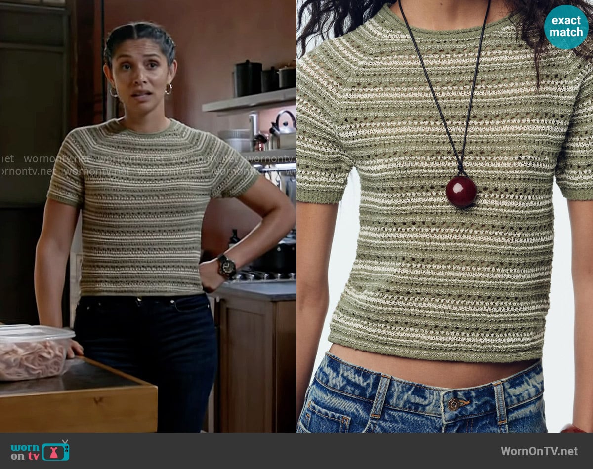 Zara Short Sleeve Textured Striped Sweater worn by Stella Kidd (Miranda Rae Mayo) on Chicago Fire