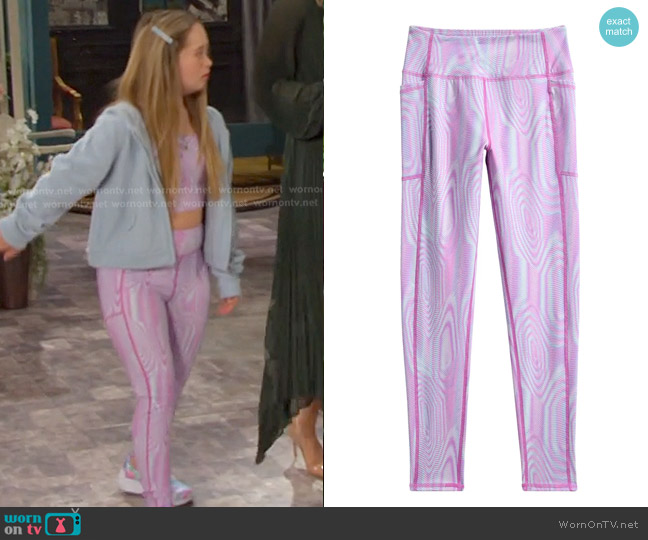 Zella Girl Kids' Favorite High Waist Pocket Leggings in Purple Wink Moire Print worn by Felicity Greene (Kennedy Garcia) on Days of our Lives