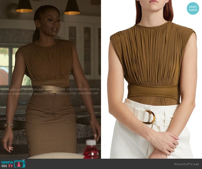 Zimmermann Illuminate Pleated Bodysuit in Khaki worn by Jax Stewart (Emayatzy Corinealdi) on Reasonable Doubt