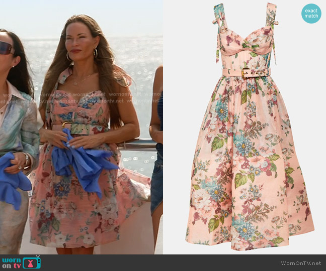 Zimmermann Matchmaker Linen and Silk Midi Dress in Pink Barkcloth Print worn by Britani Bateman on The Real Housewives of Salt Lake City