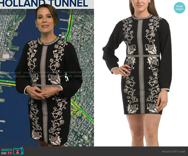 Zoe & Claire Crew Neck Placed Floral Sweater Mini Dress worn by Heather O’Rourke on Good Morning America