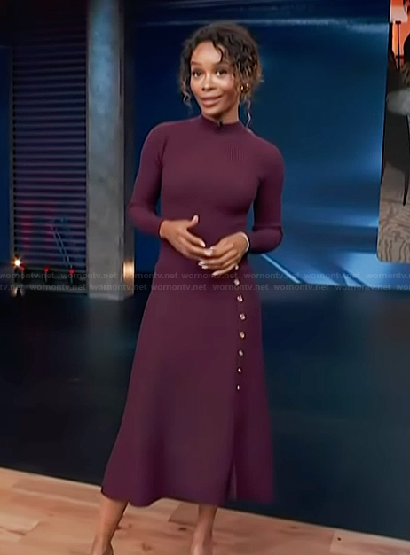 Zuri’s burgundy button detail dress on Access Hollywood