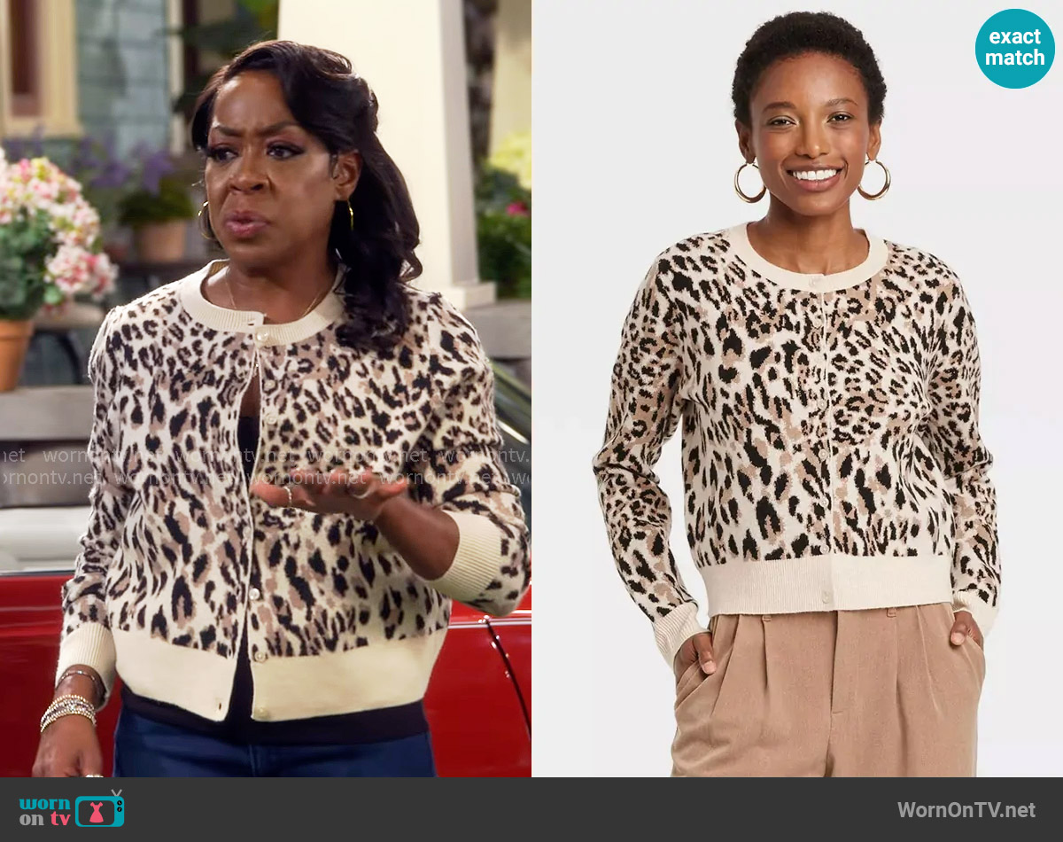 A New Day Cozy Knit Cardigan in Brown Leopard Print worn by Tina Butler (Tichina Arnold) on The Neighborhood