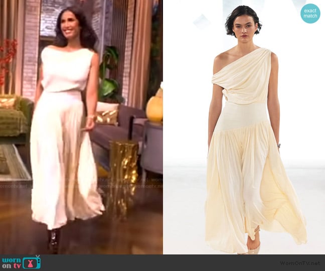 Abadia Gwen Off Shoulder Drape Dress in Cream worn by Padma Lakshmi on The View