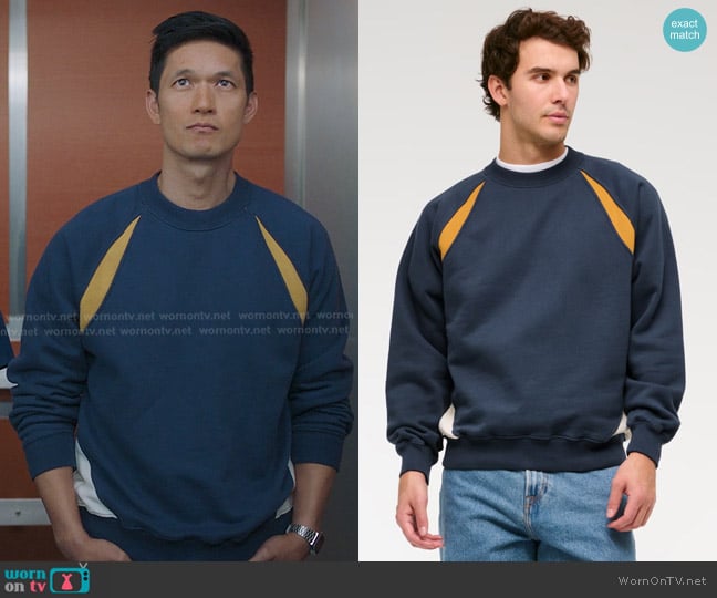 Abercrombie & Fitch Essential Crew Sweatshirt in sapphire worn by Benson Kwan (Harry Shum Jr.) on Greys Anatomy