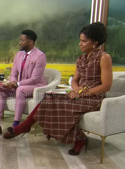 Adriana Diaz’s brown plaid cowl-neck dress on CBS Mornings