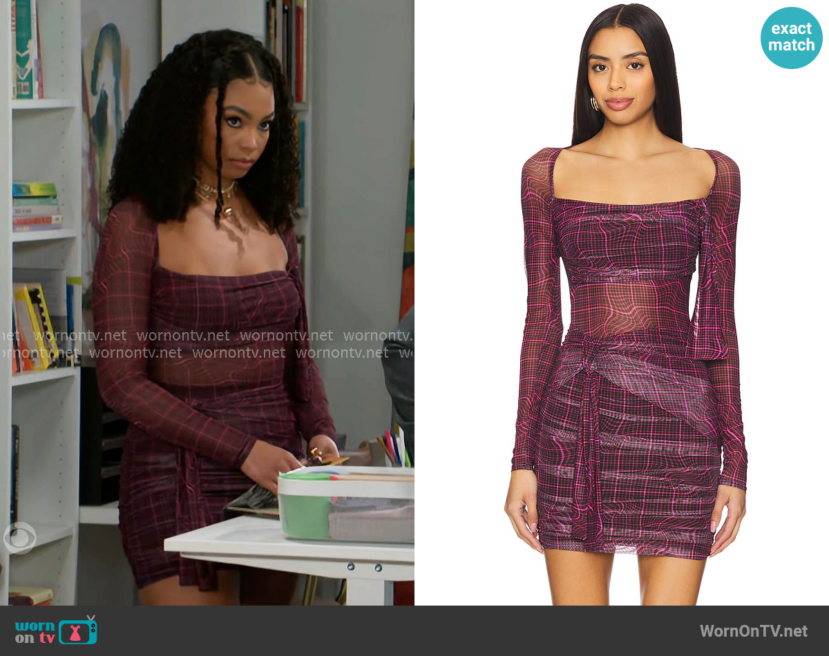 AFRM Kylie Dress in Twisted Plaid worn by Chelsea Hamilton (RhonniRose Mantilla) on Beyond the Gates