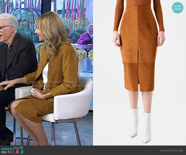 Akris Lamb Suede Slit Midi Pencil Skirt in Terra worn by Mary Steenburgen on Today