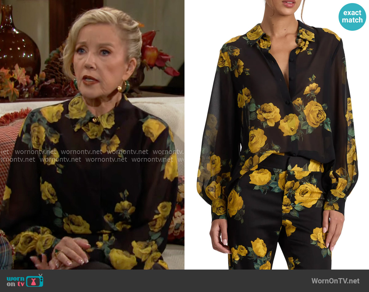 Alice + Olivia Candace Shirt in Rosehips worn by Nikki Reed Newman (Melody Thomas-Scott) on The Young and the Restless
