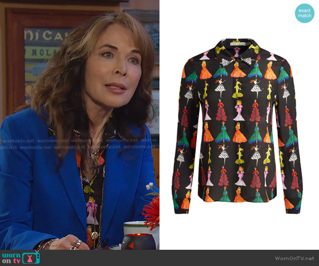 Alice + Olivia Willa Staceface Placket Top in romantic stace black worn by Kate Roberts (Lauren Koslow) on Days of our Lives