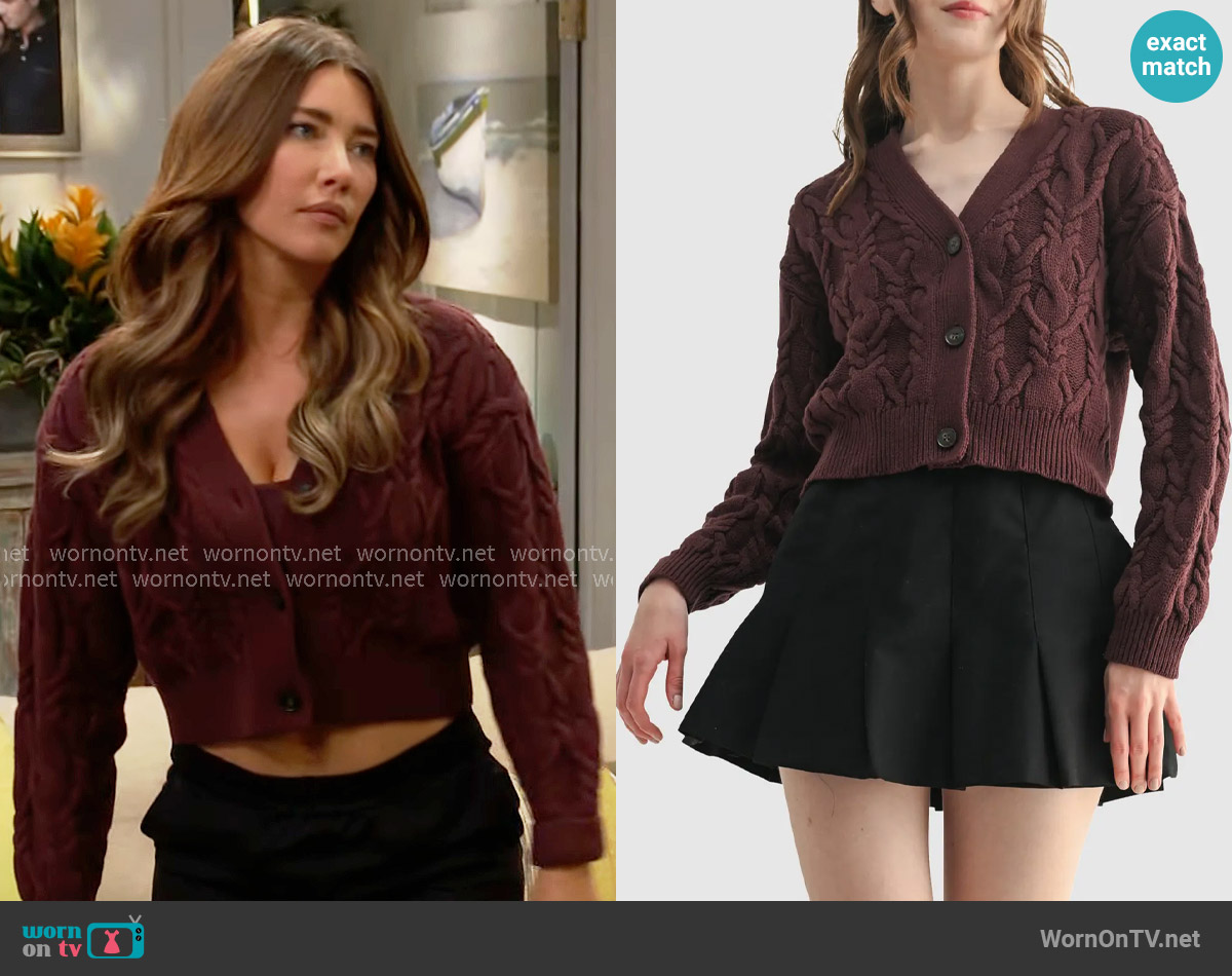 All In Favor Cable Crop V-Neck Cardigan in Brown worn by Steffy Forrester (Jacqueline MacInnes Wood) on The Bold and the Beautiful