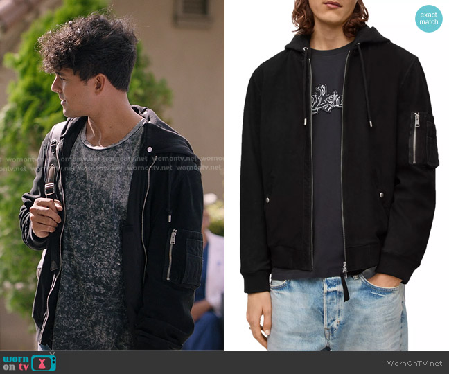 All Saints Izaka Nubuck Leather Bomber Jacket worn by Lucas Adams (Niko Terho) on Greys Anatomy