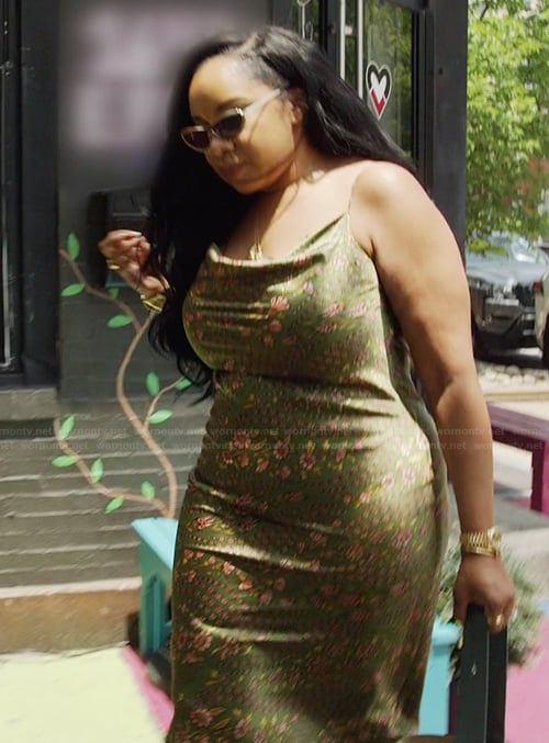 Angel’s green floral print maxi dress on The Real Housewives of Potomac