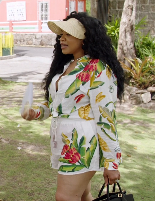 Angel’s white floral print top and short set on The Real Housewives of Potomac