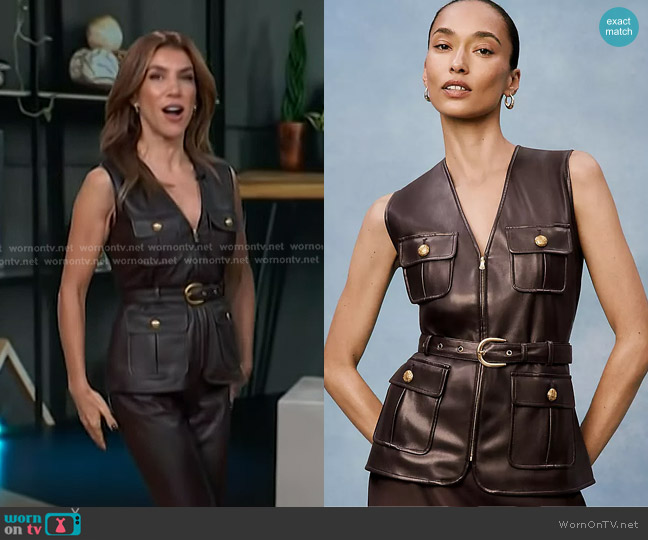 Ann Taylor Belted Faux Leather Vest in Pure Chocolate worn by Adrianna Costa on Access Hollywood