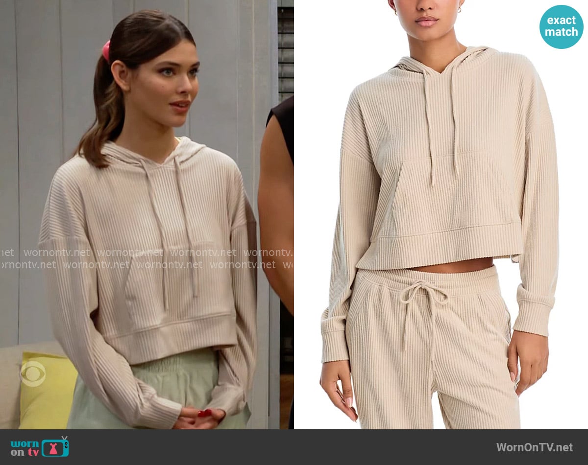 Aqua Brushed Rib Crop Hoodie in Beige worn by Electra Forrester (Laneya Grace) on The Bold and the Beautiful