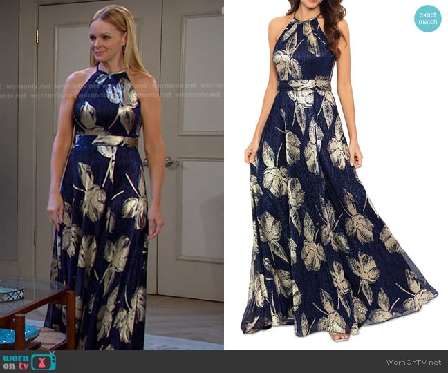 Aqua Floral Print Foil Halter Gown in Navy Gold worn by Belle Brady (Martha Madison) on Days of our Lives