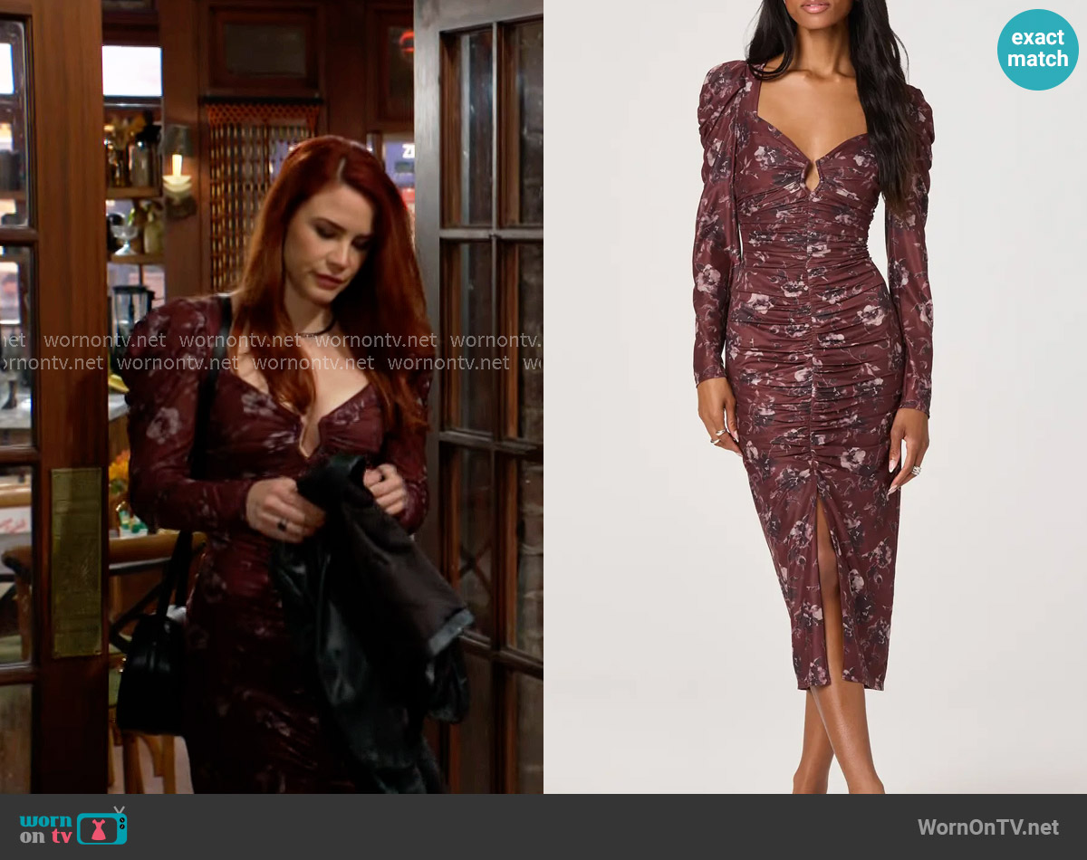 ASTR The Label Ruched Mesh Midi Dress in Burgundy Floral worn by Sally Spectra (Courtney Hope) on The Young and the Restless