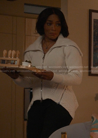Athne’s white cable knit zip front cardigan on 9-1-1