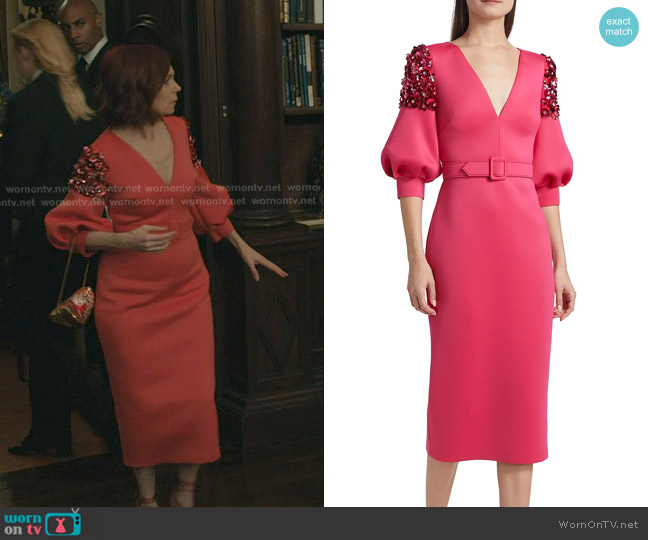 Badgley Mischka Belted Scuba Cocktail Dress in Rose worn by Elsbeth Tascioni (Carrie Preston) on Elsbeth