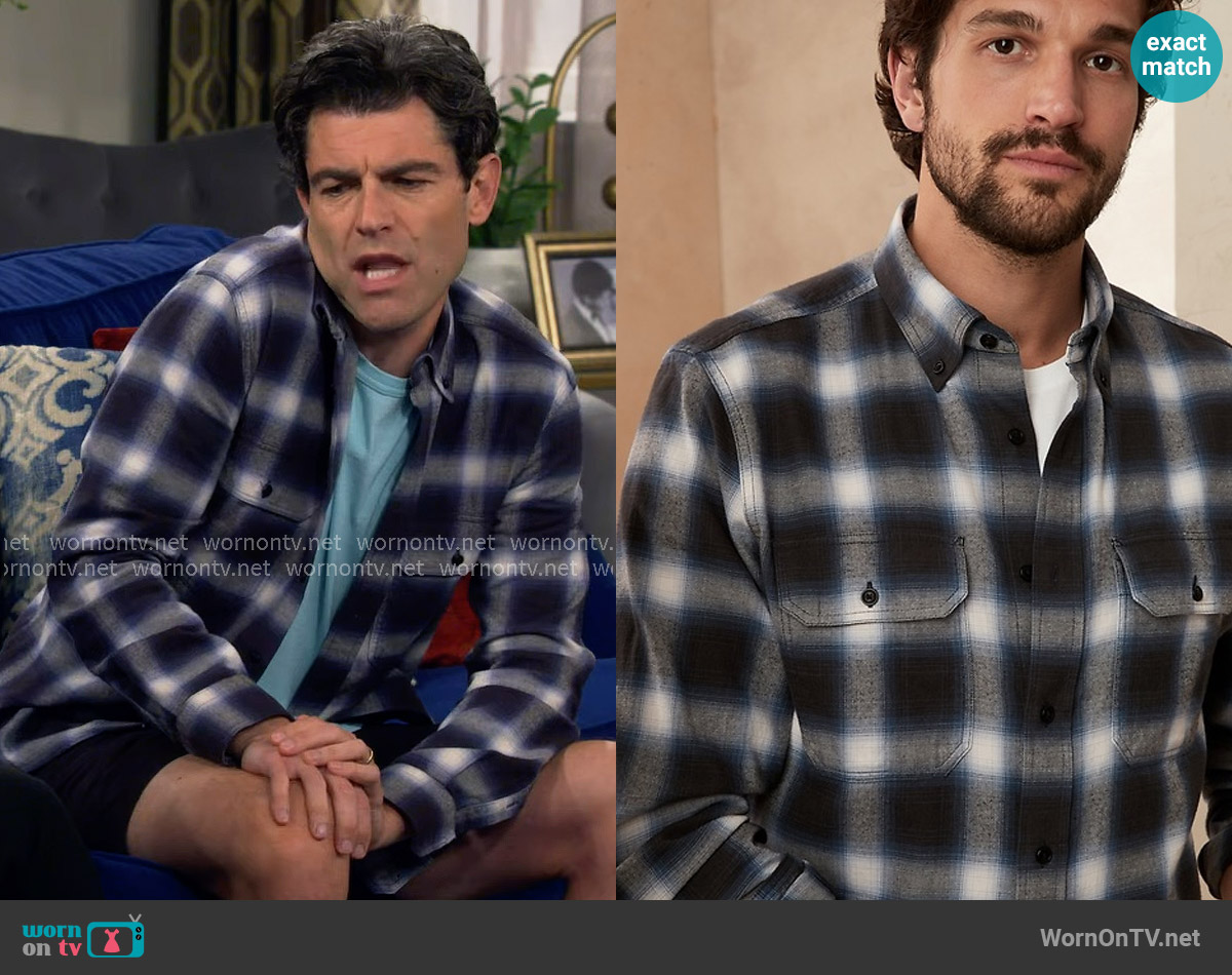 Banana Republic Organic Flannel Shirt in Navy Plaid worn by Dave Johnson (Max Greenfield) on The Neighborhood