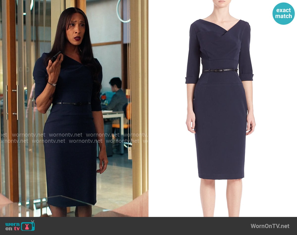 Black Halo 3/4 Sleeve Jackie O Dress in Eclipse worn by Sofia Salinas (Michaela Jaé Rodriguez) on Loot