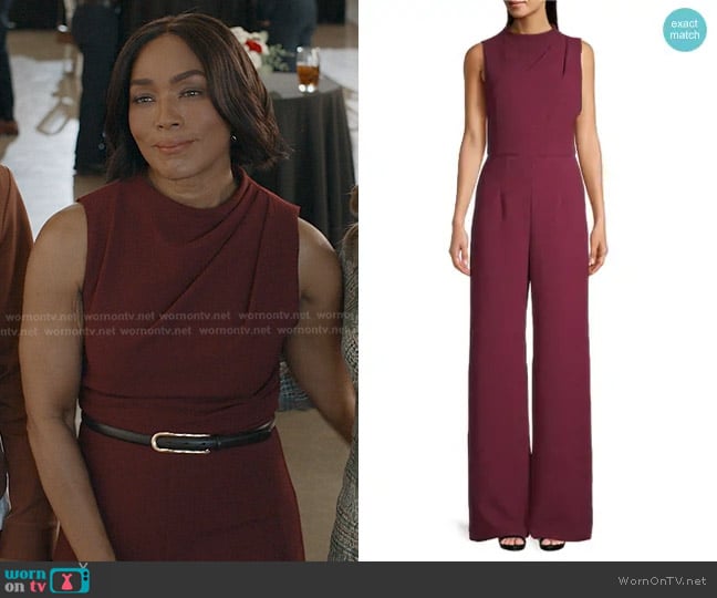Black Halo Corinne Sleeveless Flared-Leg Jumpsuit in Maroon worn by Athena Grant (Angela Bassett) on 9-1-1