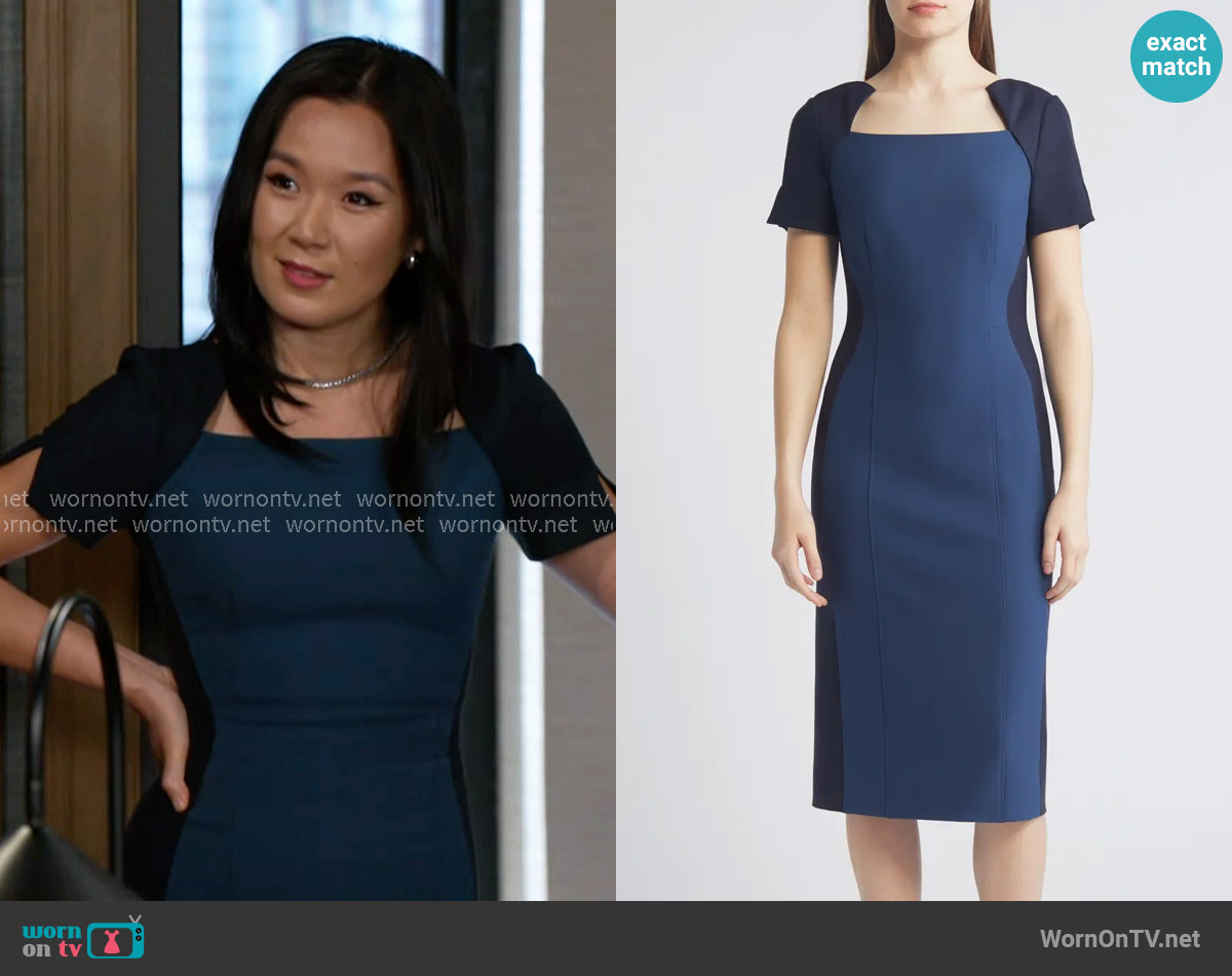 BOSS Daneria Colorblock Square Neck Sheath Dress worn by Caroline Lee (Ellie Wang) on Beyond the Gates