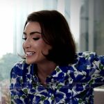 Bronwyn’s blue floral button down shirt on The Real Housewives of Salt Lake City