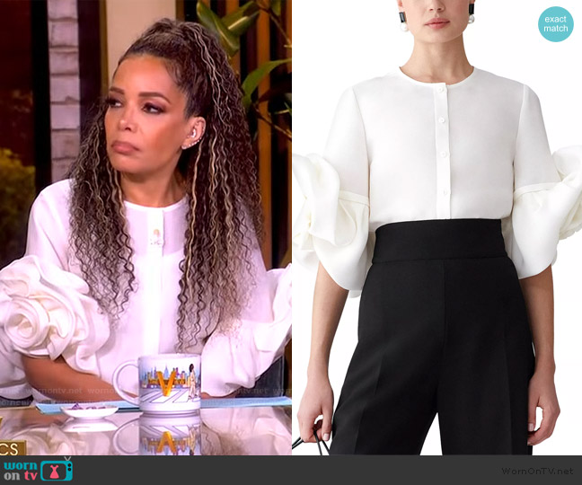 Carolina Herrera Silk Gazar Rosette-Sleeve Button-Front Blouse worn by Sunny Hostin on The View