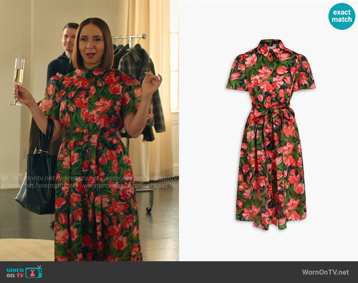 Carolina Herrera Tulip Print Silk Organza Belted Shirtdress worn by Molly Novak (Maya Rudolph) on Loot