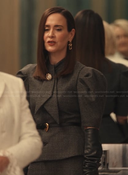 Carr’s gray jacket and skirt on Alls Fair