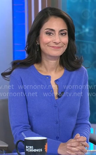Celine Gounder’s blue cardigan on CBS Mornings