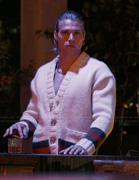Chase’s stripe trim cardigan on Alls Fair