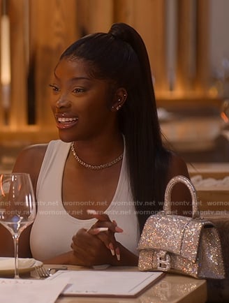 Chelsea’s crystal top handle bag on Selling Sunset