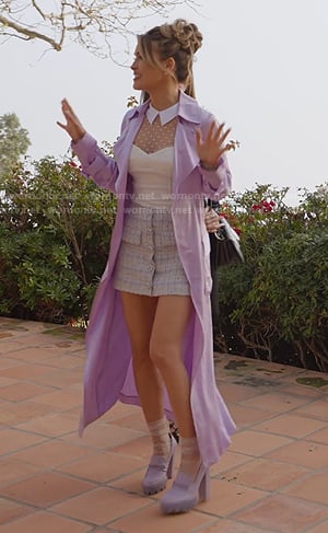 Chrishell’s lilac satin trench coat and polka dot mesh top on Selling Sunset