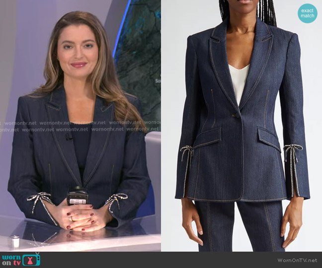 Cinq a Sept Cheyenne Rhinestone Bow Denim Blazer worn by Dani Beckstrom on Good Morning America