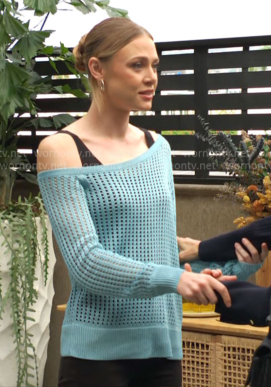 Claire’s aqua blue crochet sweater on The Young and the Restless