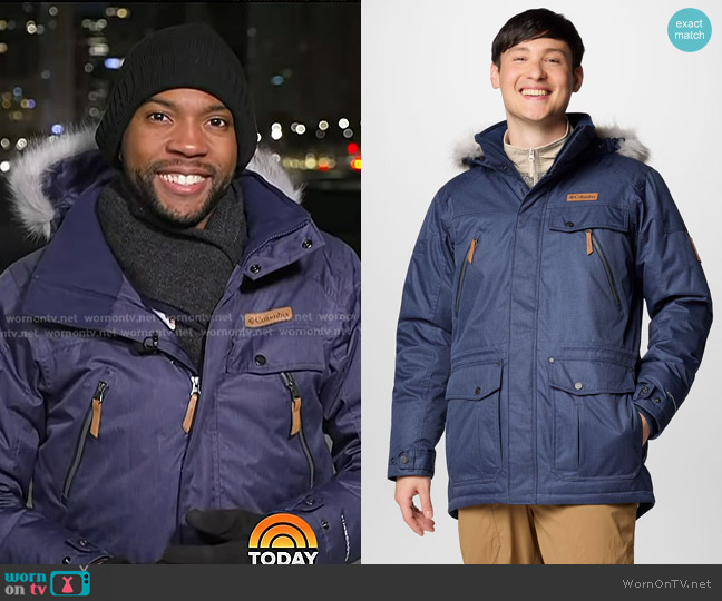 Columbia Barlow Pass TurboDown™ II Waterproof Down Jacket in Collegiate Navy worn by Shaquille Brewster on Today