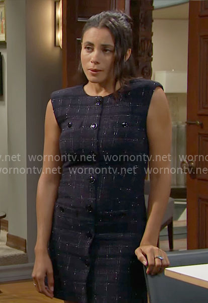 Daphne’s blue tweed button front dress on The Bold and the Beautiful