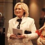 Dina’s white jacquard pleated coat on Alls Fair