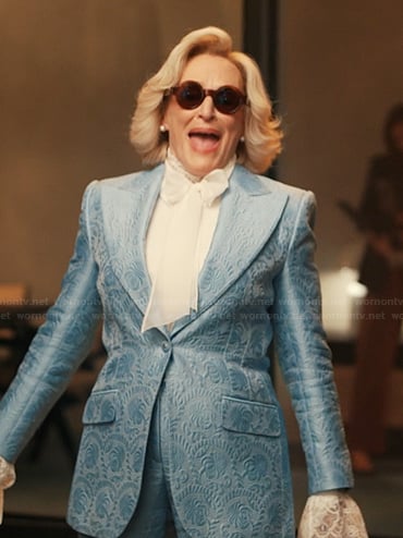 Dina’s blue jacquard blazer and pants on Alls Fair